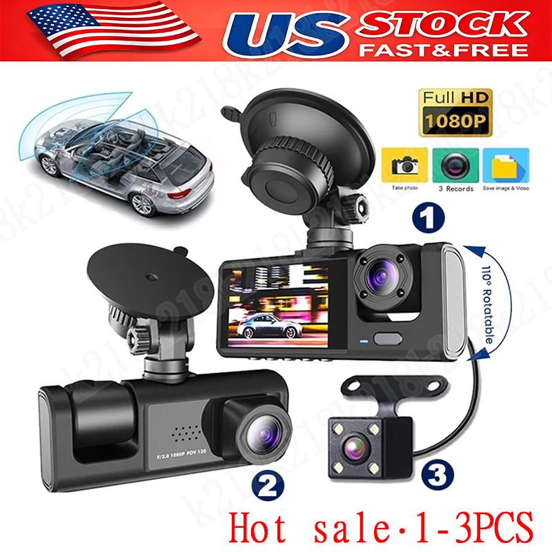 Car Dual Lens Dash Cam HD 1080P Front/Rear/Inside Video Recorder Camera G-Sensor