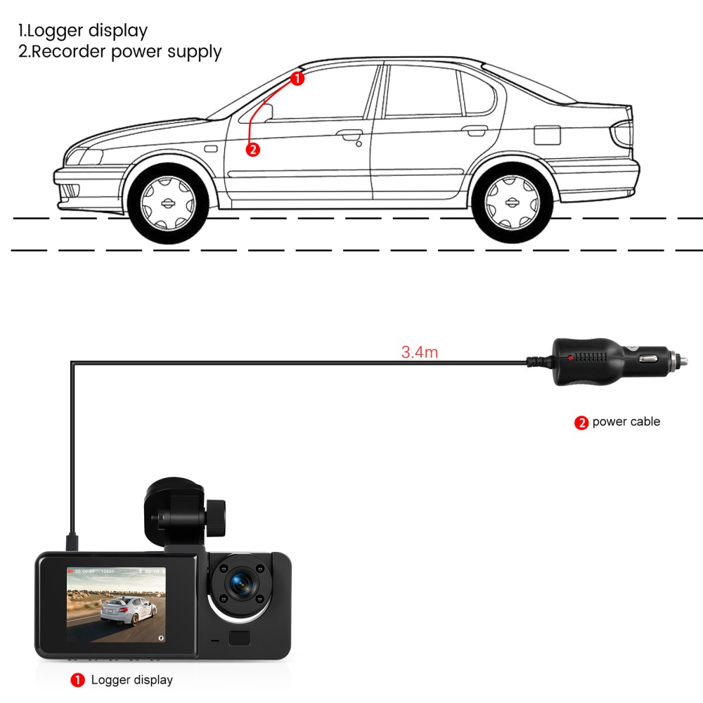 Car Dash Cam 1080P Front/Rear/Inside Dual Lens Video Recorder Camera Loop Record