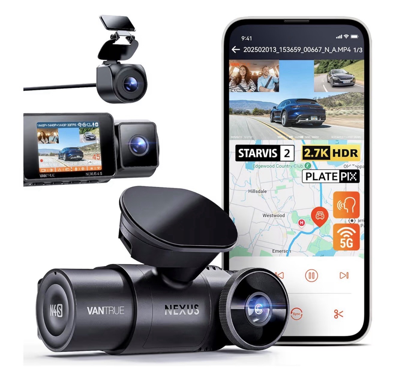 Vantrue N4S 3 Channel 2.7k+1440p+1440p Front Inside Rear Dash Cam WiFi GPS