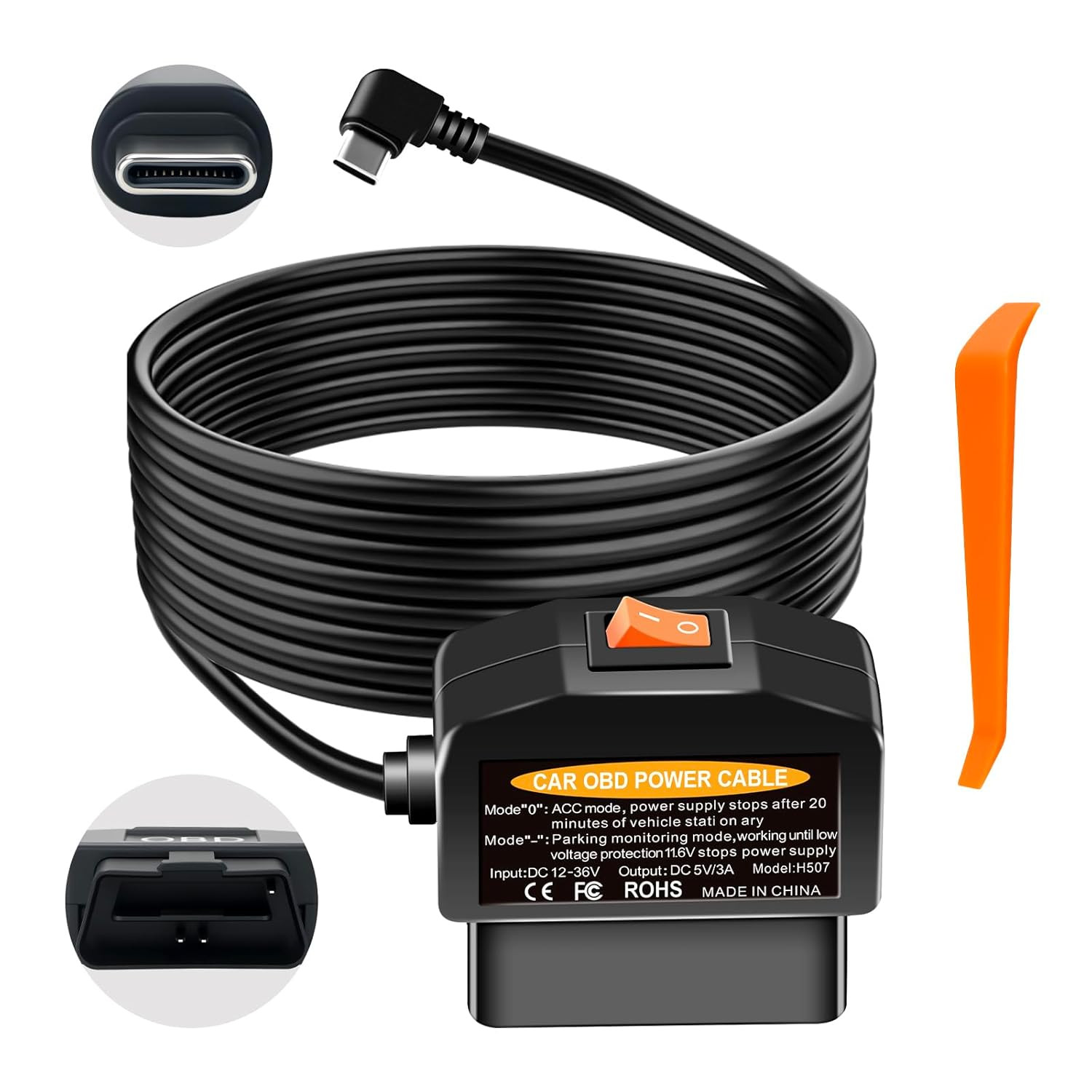 OBD2 to USB C Power Adapter for Dash Cam, Hardwire Kit with Parking Mode, Low Vo