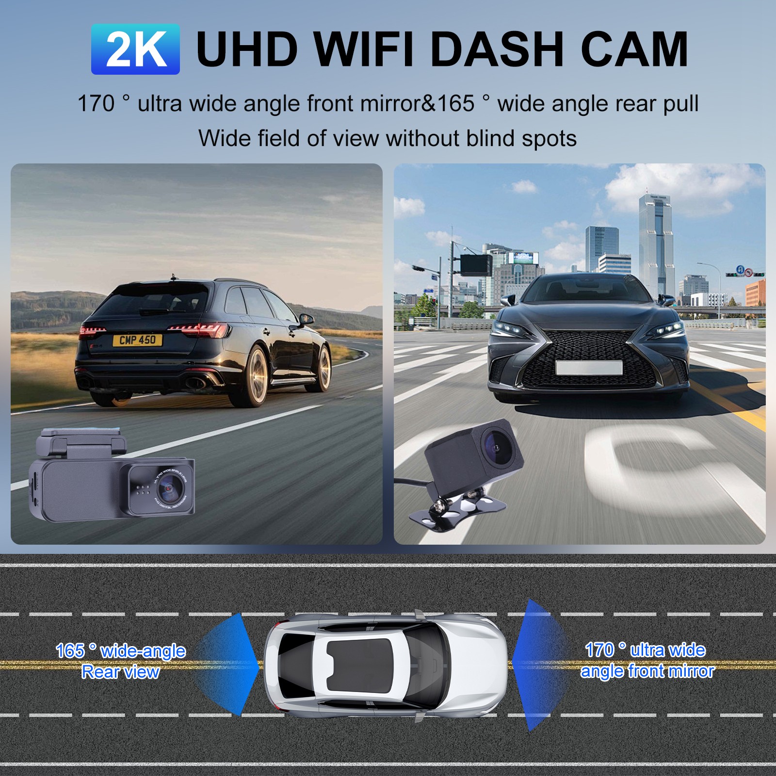 Dash Cam Front and Rear with APP Control, 2.4G WiFi, Night Vision 64G TF Card