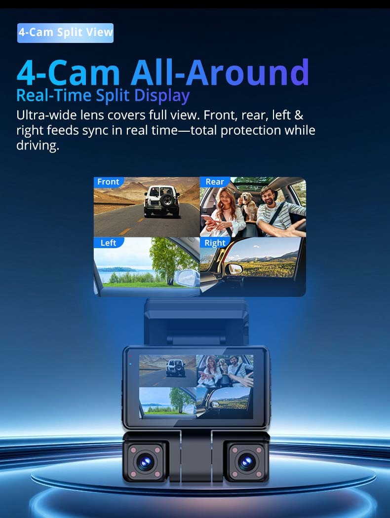 3in 4Lens Car Dash Camera DVR Parking Monitor 170° Driving Recorder Night Vision