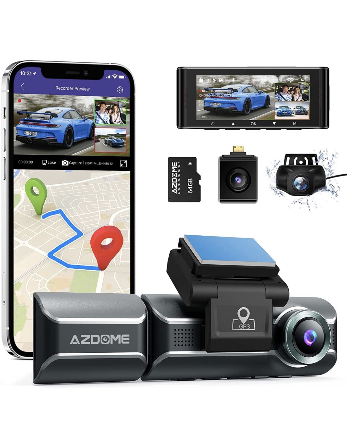 AZDOME M550 Dash Cam 3 Channel Built in WiFi GPS With 64GB Card Front Inside …