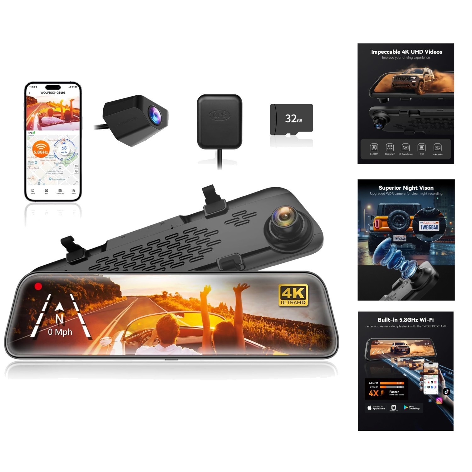 All-in-One 4K Mirror Dash Cam with WiFi, Night Vision & Real-time GPS Tracking