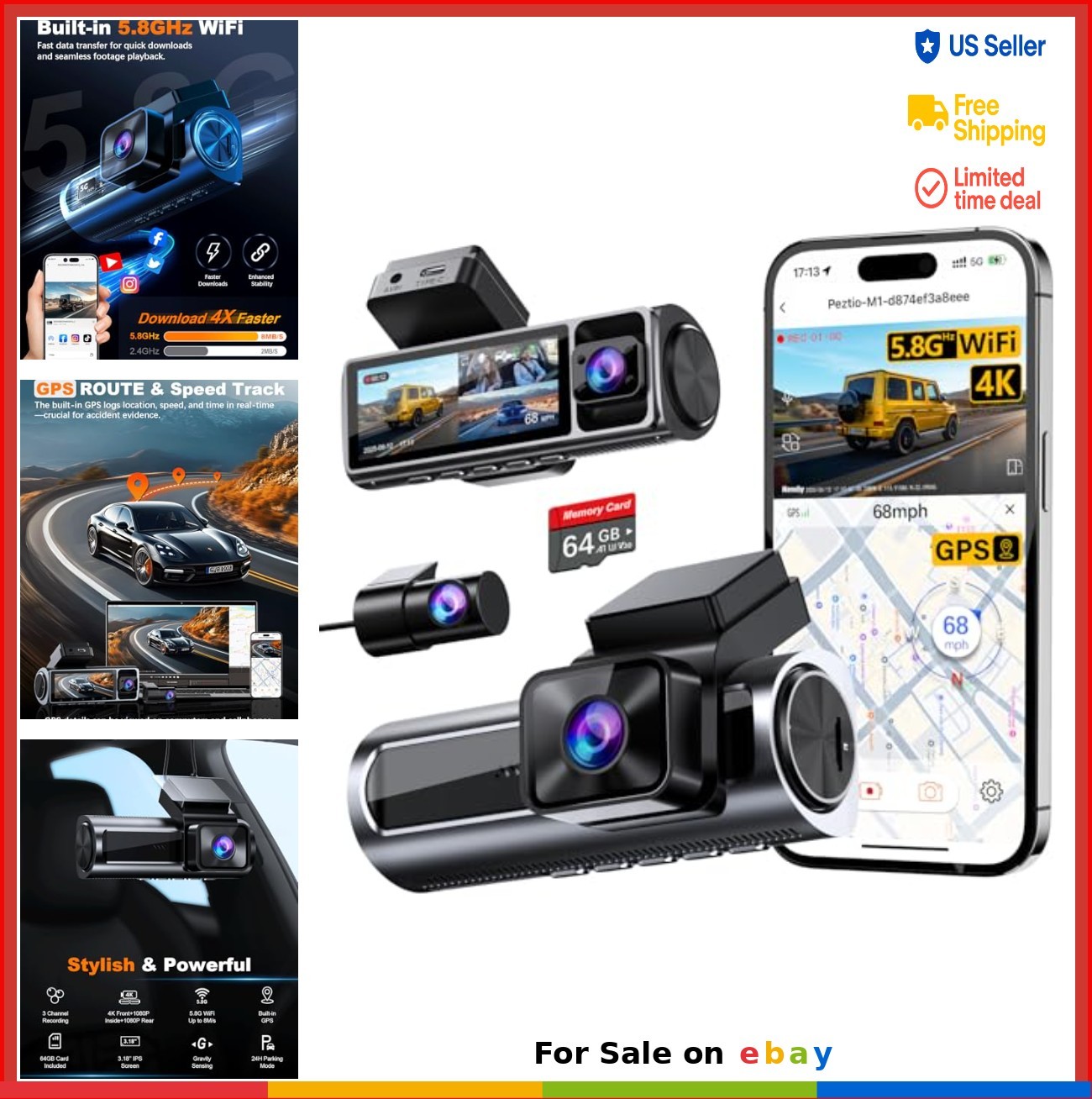 Dash Cam 4K 3 Channel Front Rear Inside WiFi GPS 64GB Card Included Night
