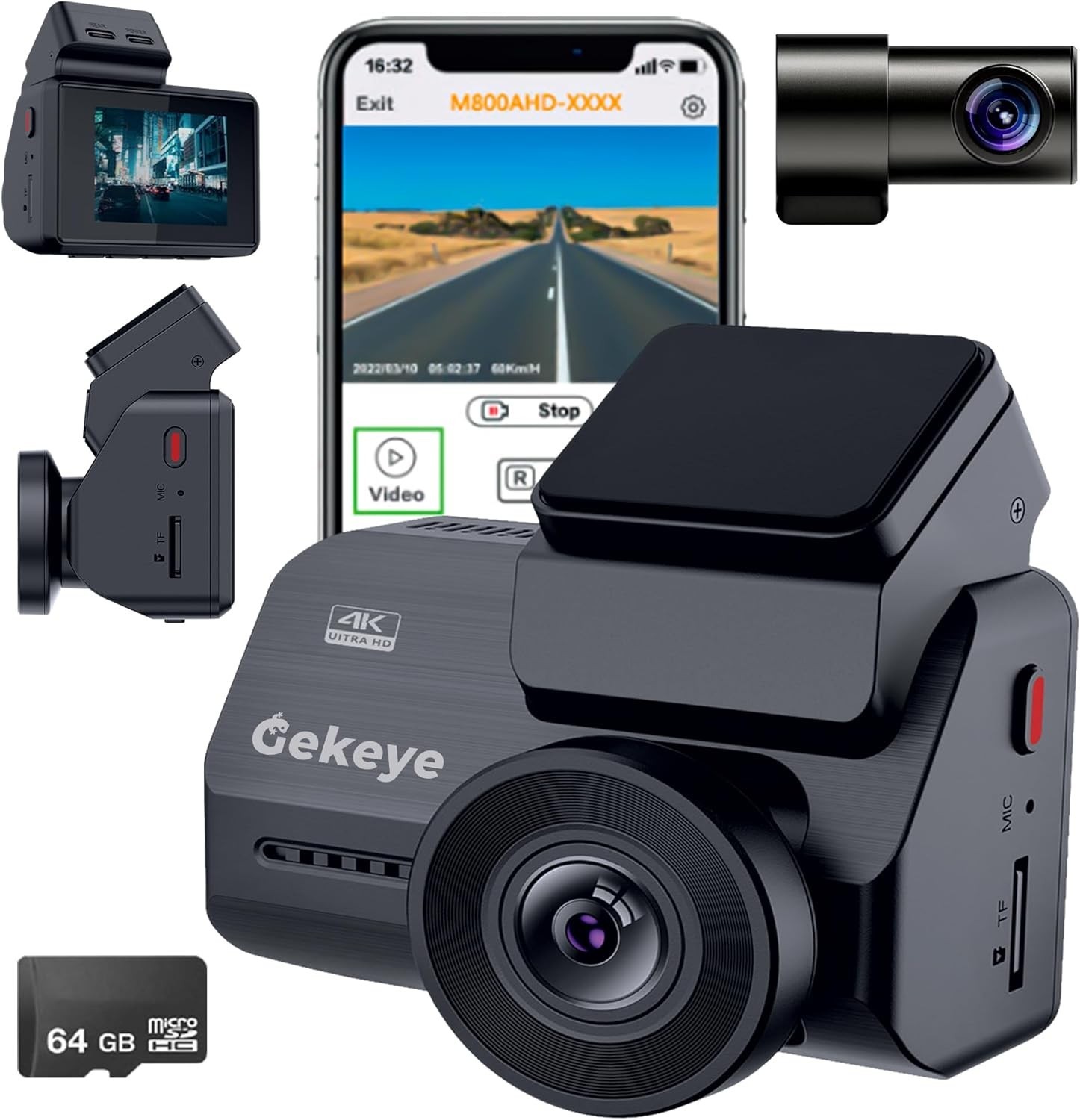 NEW Gekeye M800 4K+1080P Dual Dash Cam Front Rear WiFi GPS 64GB Night Vision