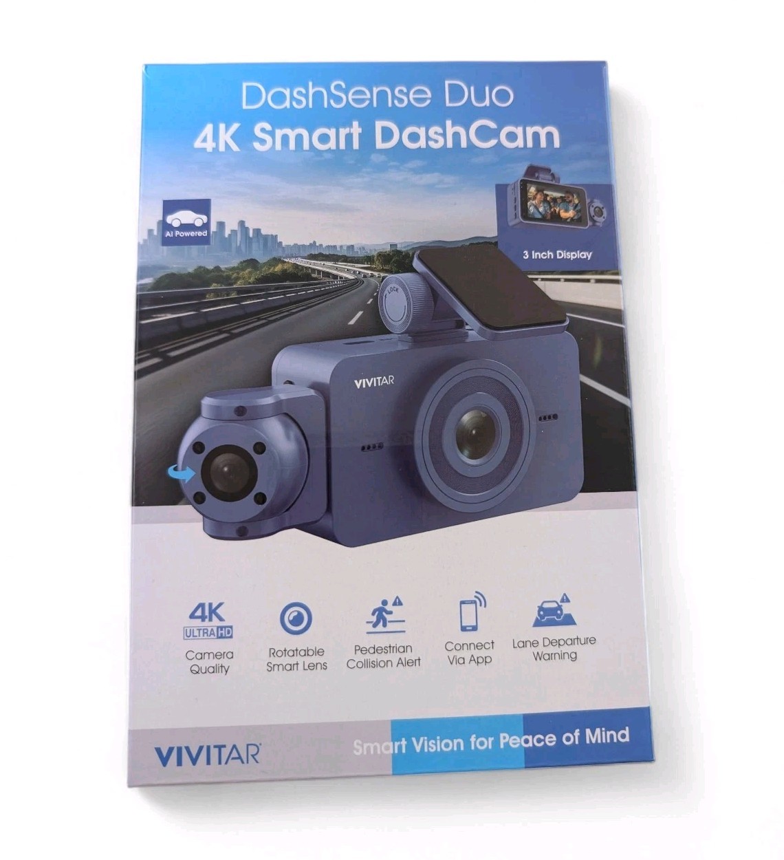 Vivitar 4k Smart Dash Cam Dashcam Dashsense Duo AI Powered-Blue-NEW In Box