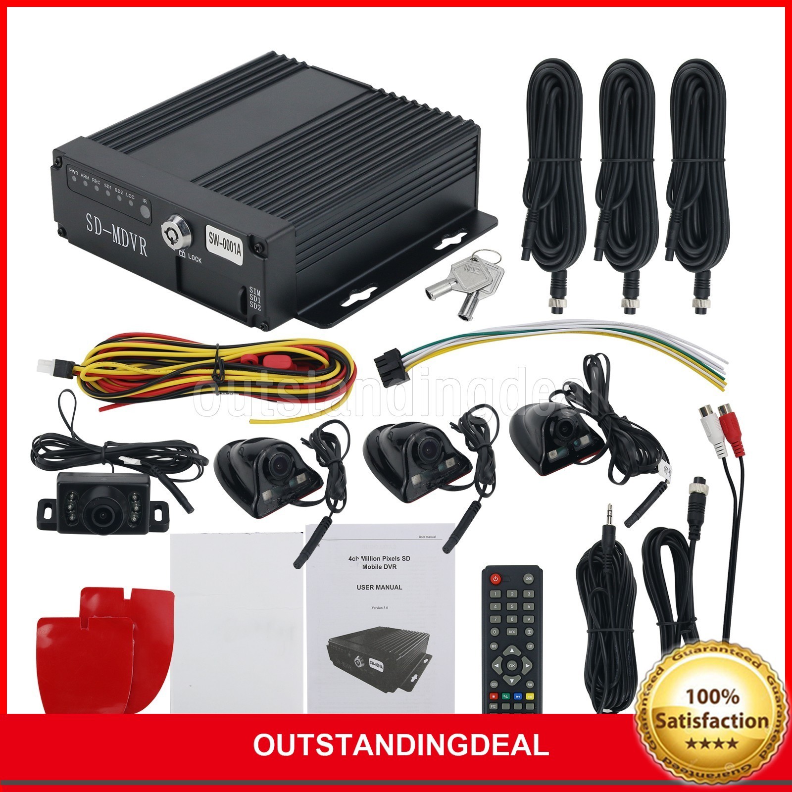 4CH Vehicle Car Mobile DVR Security Video Recorder Set with 4 CCD Camera +Remote