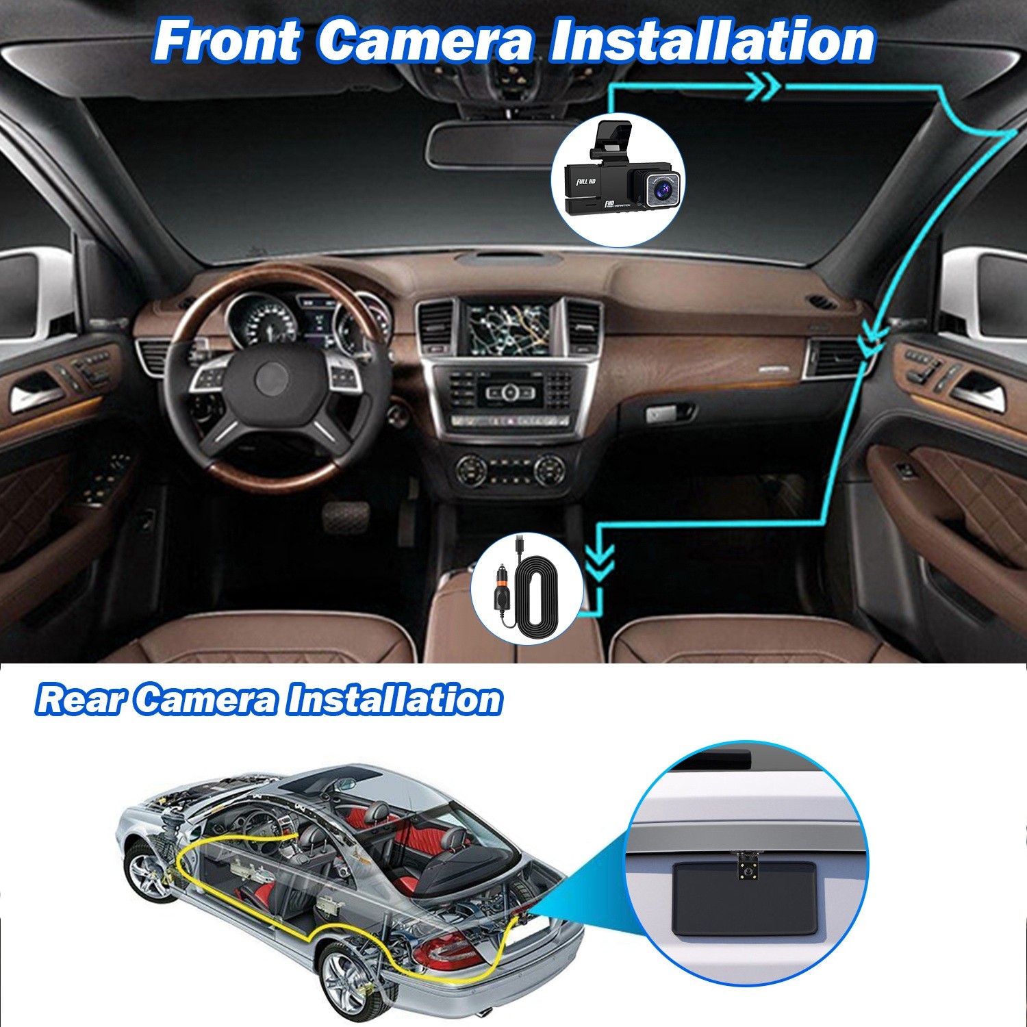 1080P Car Dash Cam 3 Channel Front Rear Inside Dash Camera Night Vision Recorder