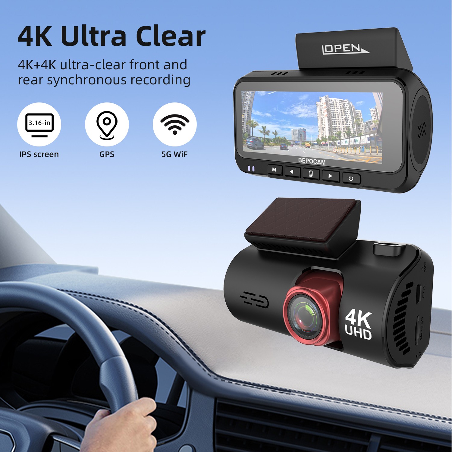 Dash Camera 4K Front and Rear Dash Cam Built-In WiFi & GPS, App control