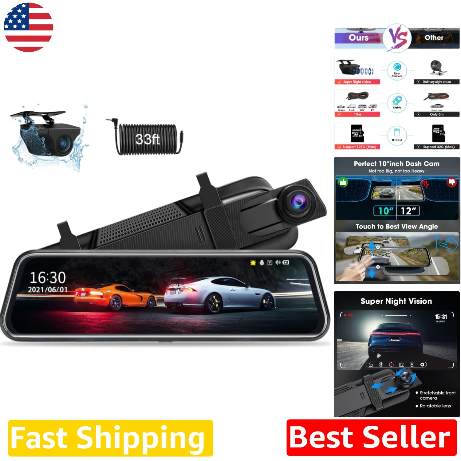 Upgrade 10″ Mirror Dash Cam 1080P Full Touch Screen Super Night Vision Backup
