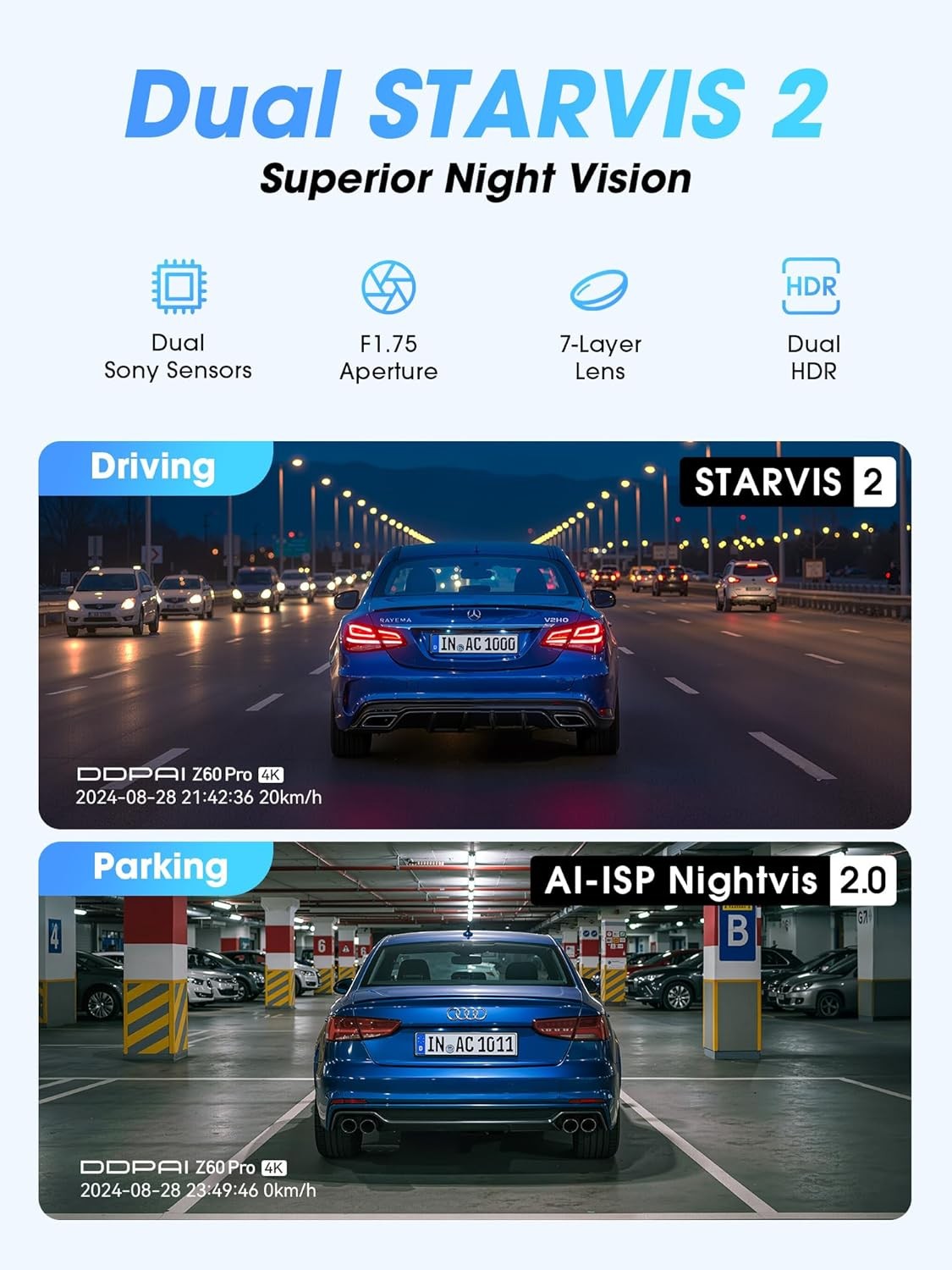 DDPAI 4K Dash Cam Front and Rear, Dual STARVIS 2 IMX678 IMX662 Dashcam,4K+1080P
