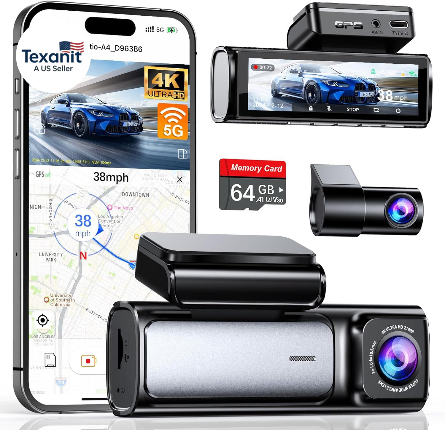 4K Dash Cam Front and Rear, Built-In 5G Wifi GPS, 64GB Card Included, 3.59” IPS