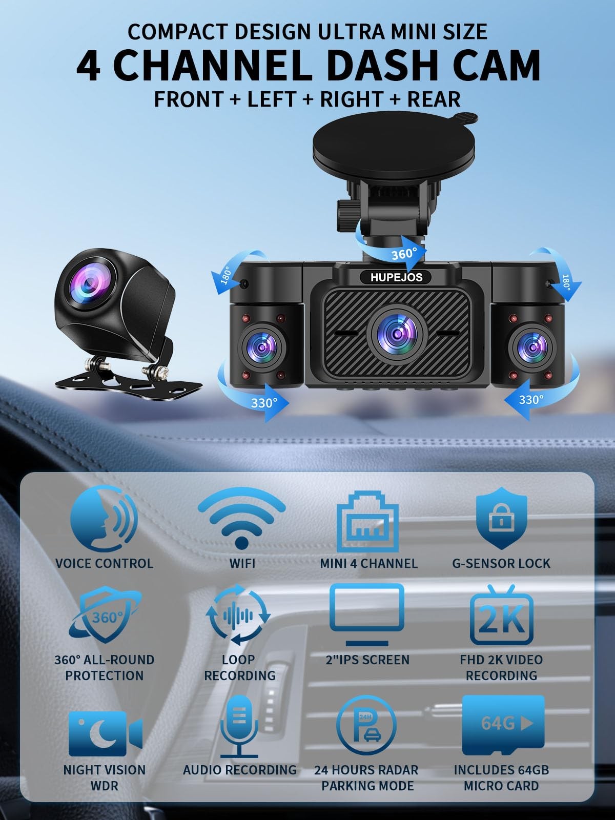4 Channel Dash Cam Front Rear 360 Degree View 2K FHD WiFi 64GB Card