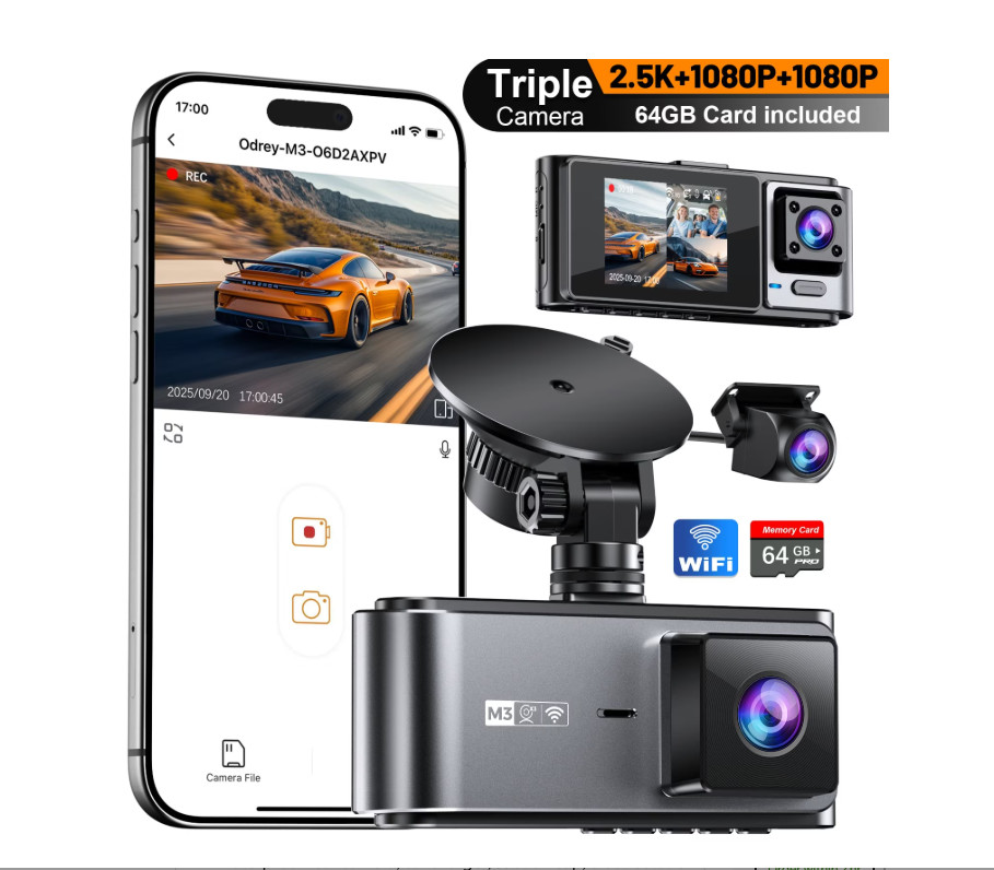 Odrey 3 Channel 5.8G WiFi Dash Cam Front and Rear Inside, 2.5K+1080P+1080P M3