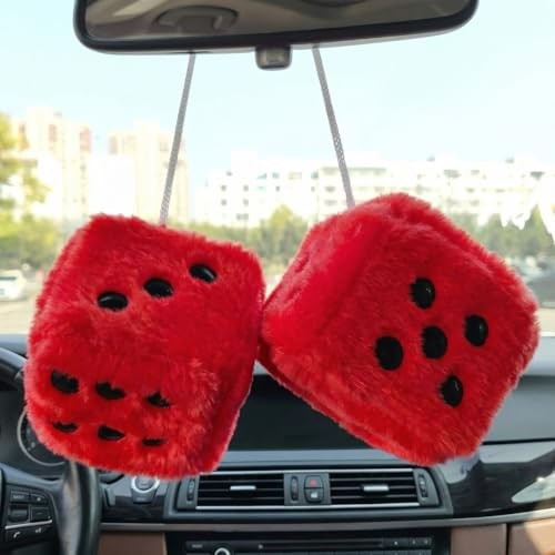 Fuzzy Plush Dice for Car Mirror, Pair of Retro 3” Dice with Black Dots for Red