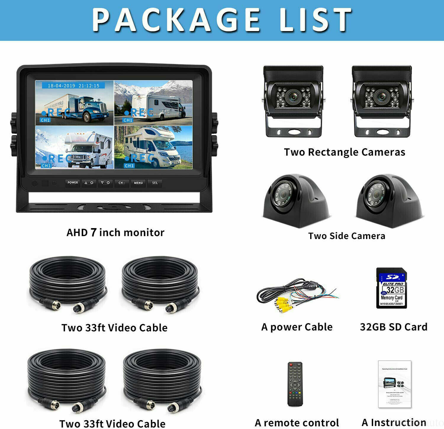 7″ Quad Monitor DVR SD Recorder Side Rear View Reversing Camera System For Truck