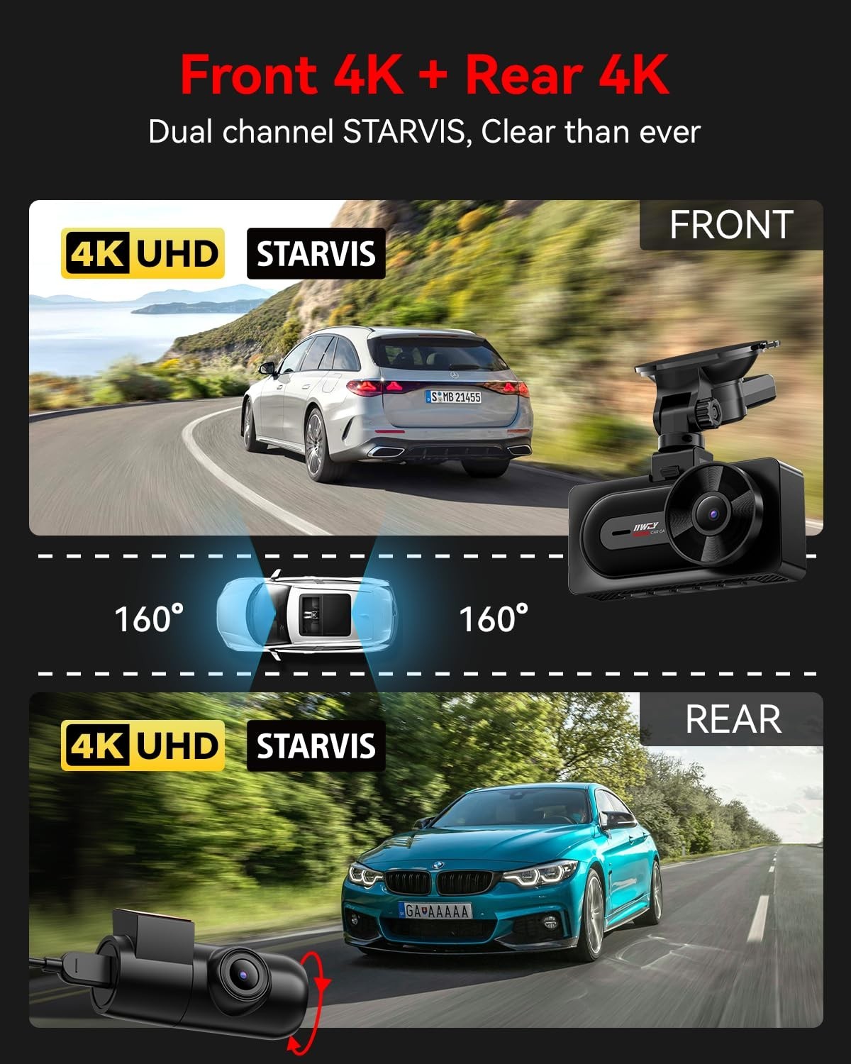 4K Dual Dash Cam Front & Rear, 5G WiFi, GPS, 24/7 Parking Mode, 170° Wide Angle,