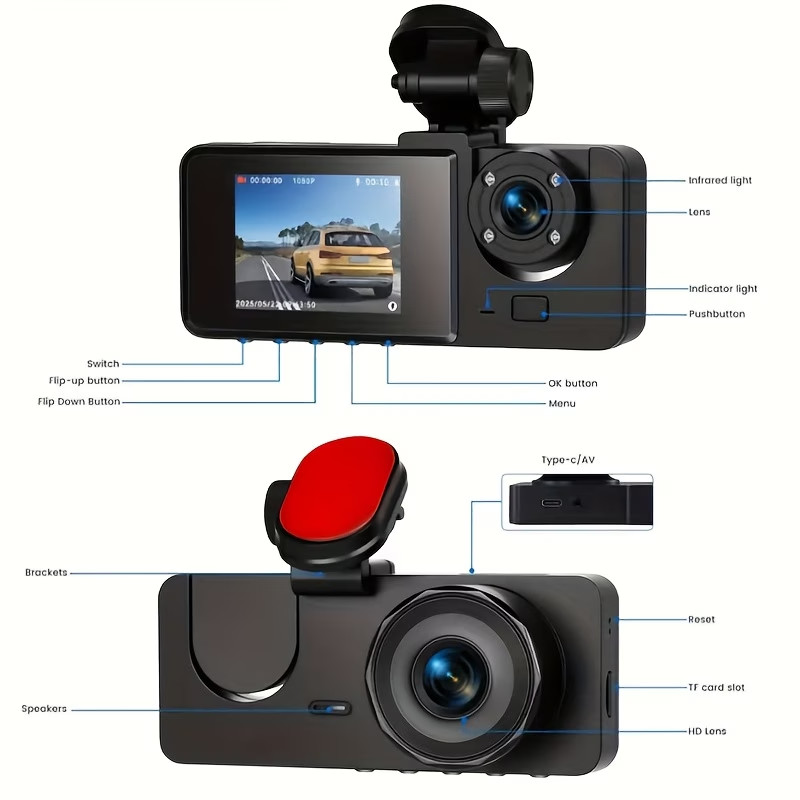 3 Lens Dash Cam Front Cabin Rear 1080P Night Vision, Parking Monitor, G-Sensor