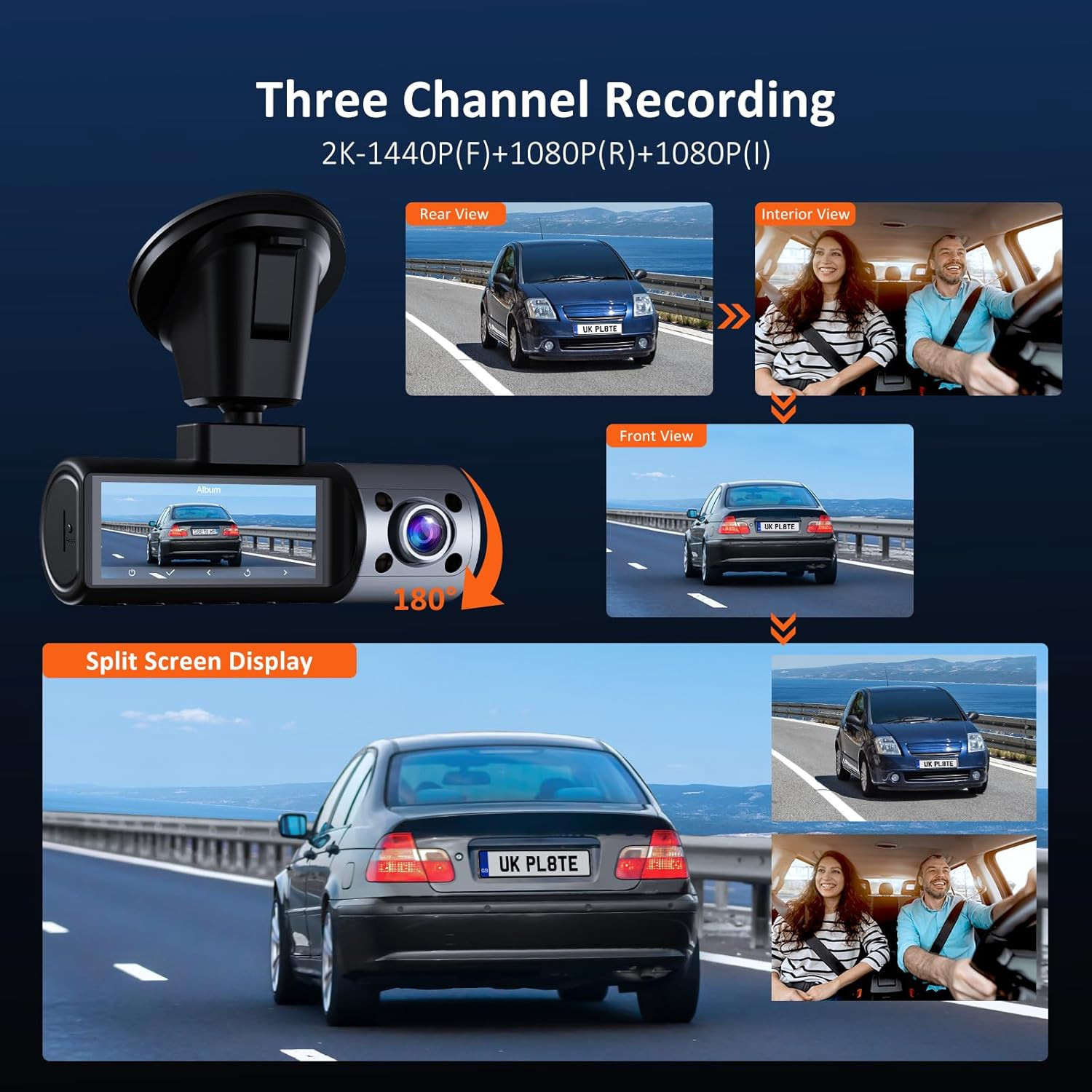 3 Channel Dash Cam with Rotatable Interior/Front Camera, Sony_Sensors, Front and