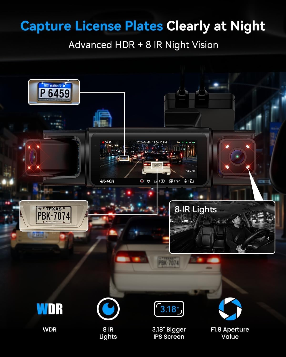 IIWEY N7 PRO 4K STARVIS 4-Channel Dash Cam 360° View, 8-IR Night Vision