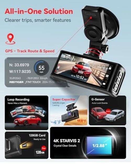 4K STARVIS 2 Dash Cam Front and Rear, 5GHz WiFi 20MB/s Download, 128GB Card