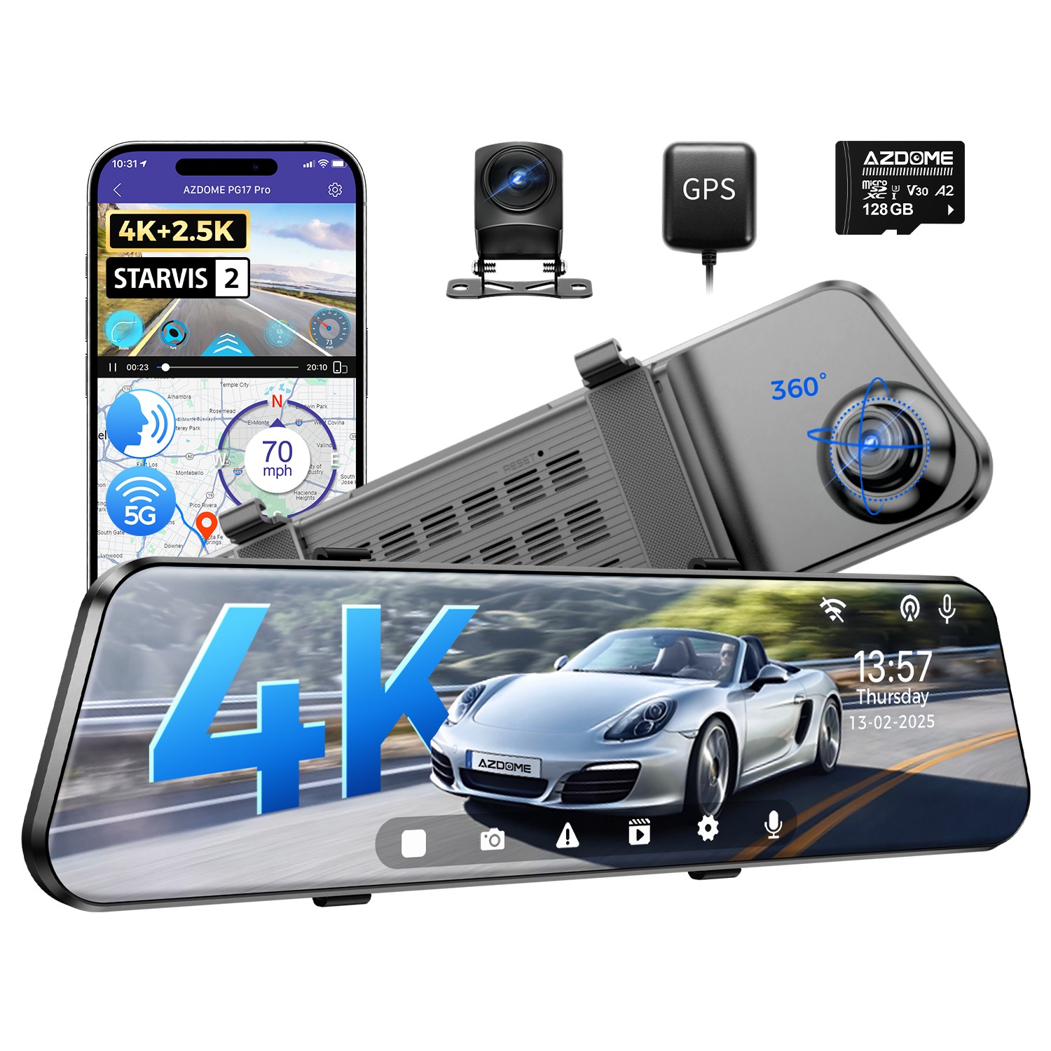 AZDOME Dual 4K+2.5K Mirror Dash Cam IMX678 STARVIS 2 5.8G WiFi GPS 128GB Card