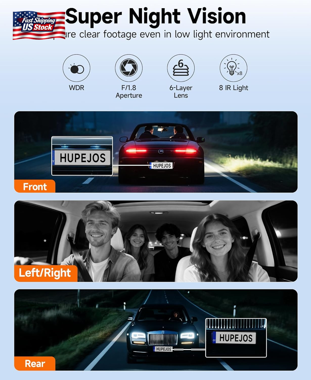 HUPEJOS 360° View Dash Cam Front and Rear Inside, 4 Channel Camera for Cars | 3.