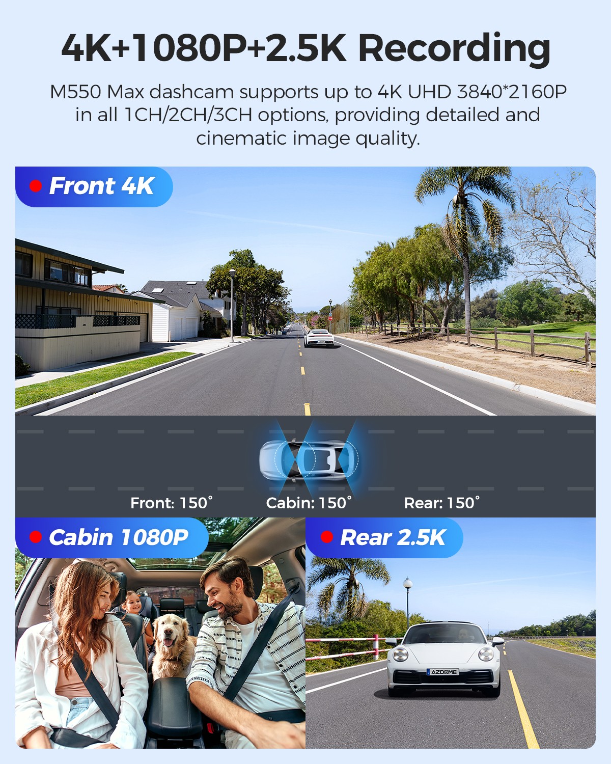 AZDOME 4K+1080P+2.5K 3Len Dashcam WiFi GPS Parking Mode Dash Camera 64GB SD Card