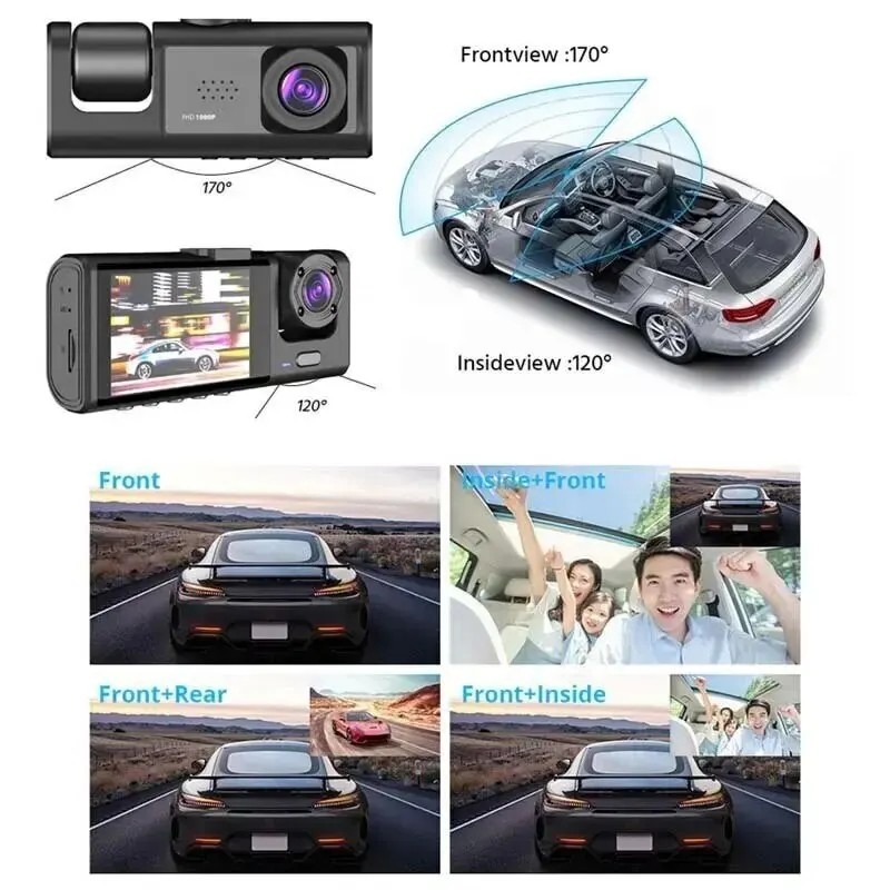 3 Lens Full HD 1080P Dashcam 3 Ch Vehicle DVR Dash Cam w/LCD Screen Black Box
