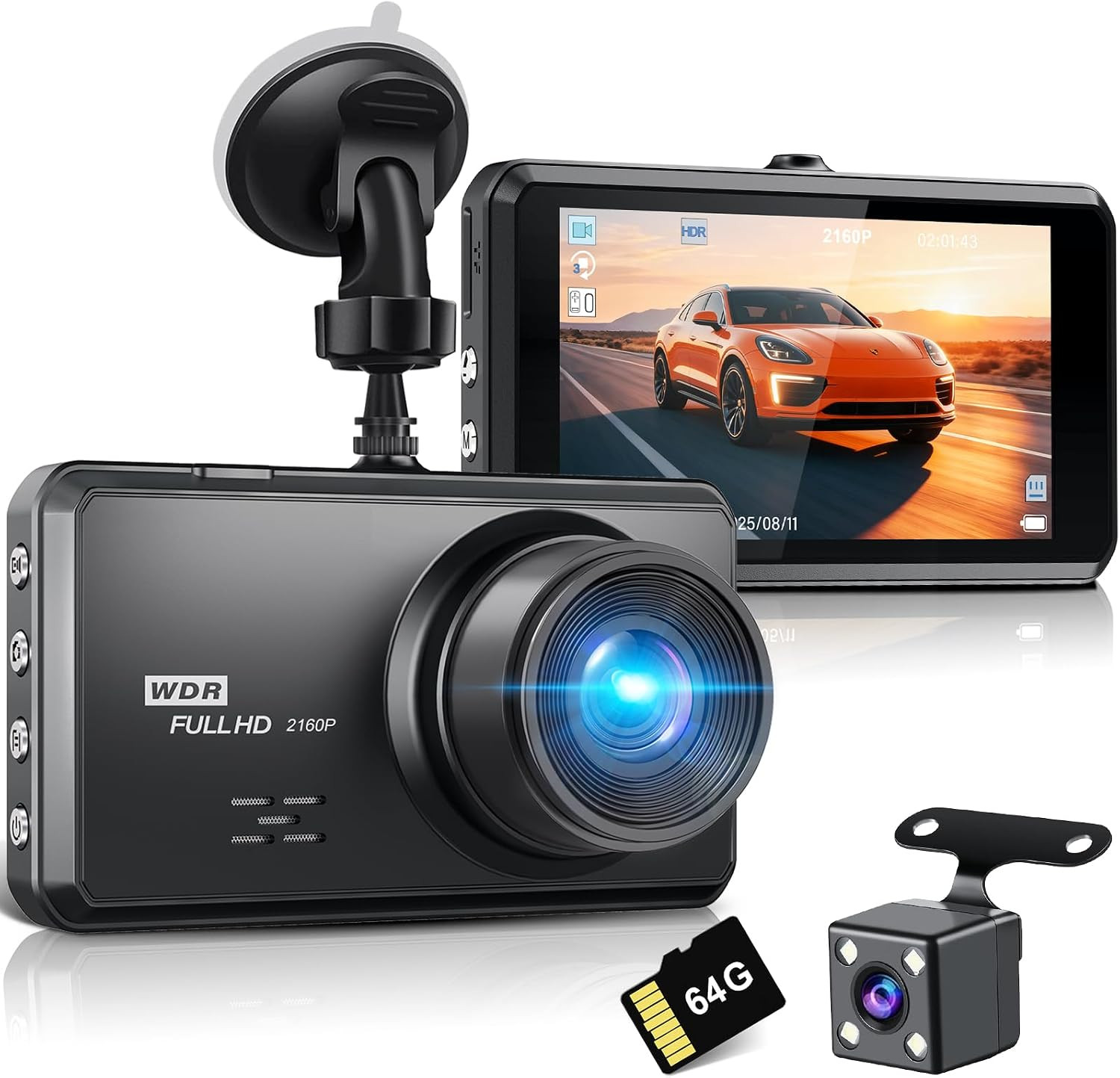Dash Cam 2K Dual Camera Front and Rear Night Vision Parking Monitor
