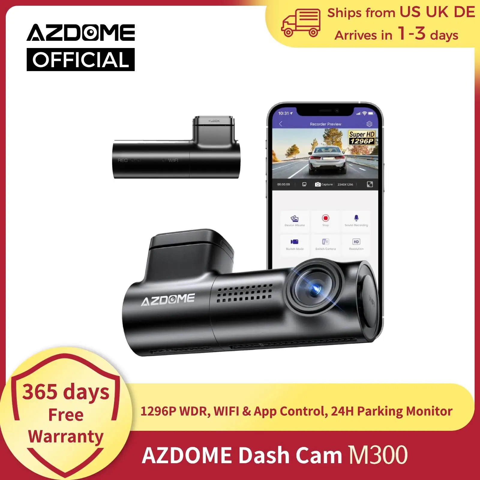 AZDOME Dash Cam 1296P WiFi Voice Control Car Dashcam Night Vision Loop G-Sensor