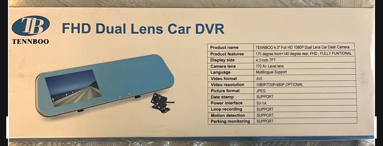 Tennboo FHD Dual Lens vehicle Dvr camera with Sd card.