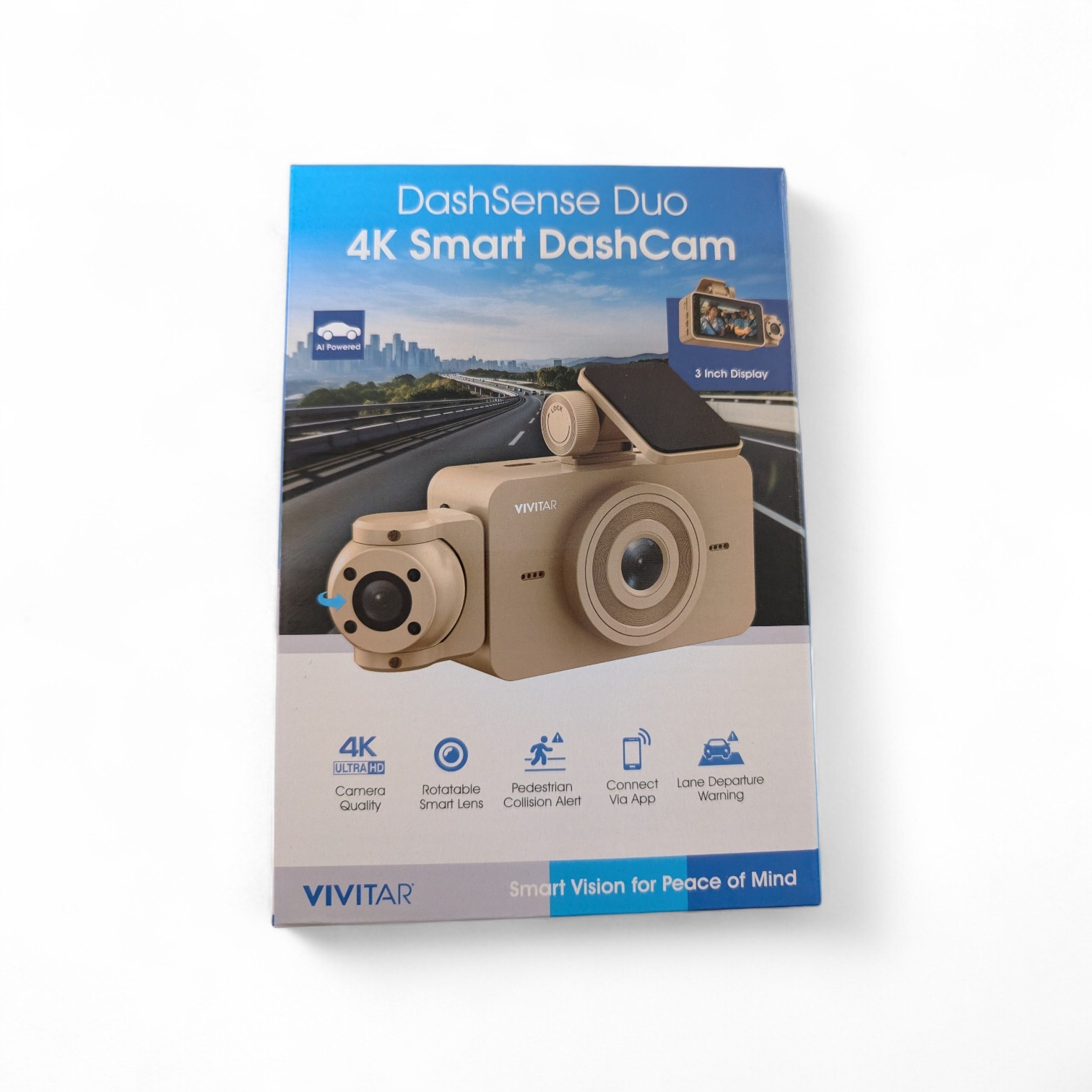 Vivitar 4k Smart Dash Cam Dashcam Dashsense Duo AI Powered-Sand-NEW In Box