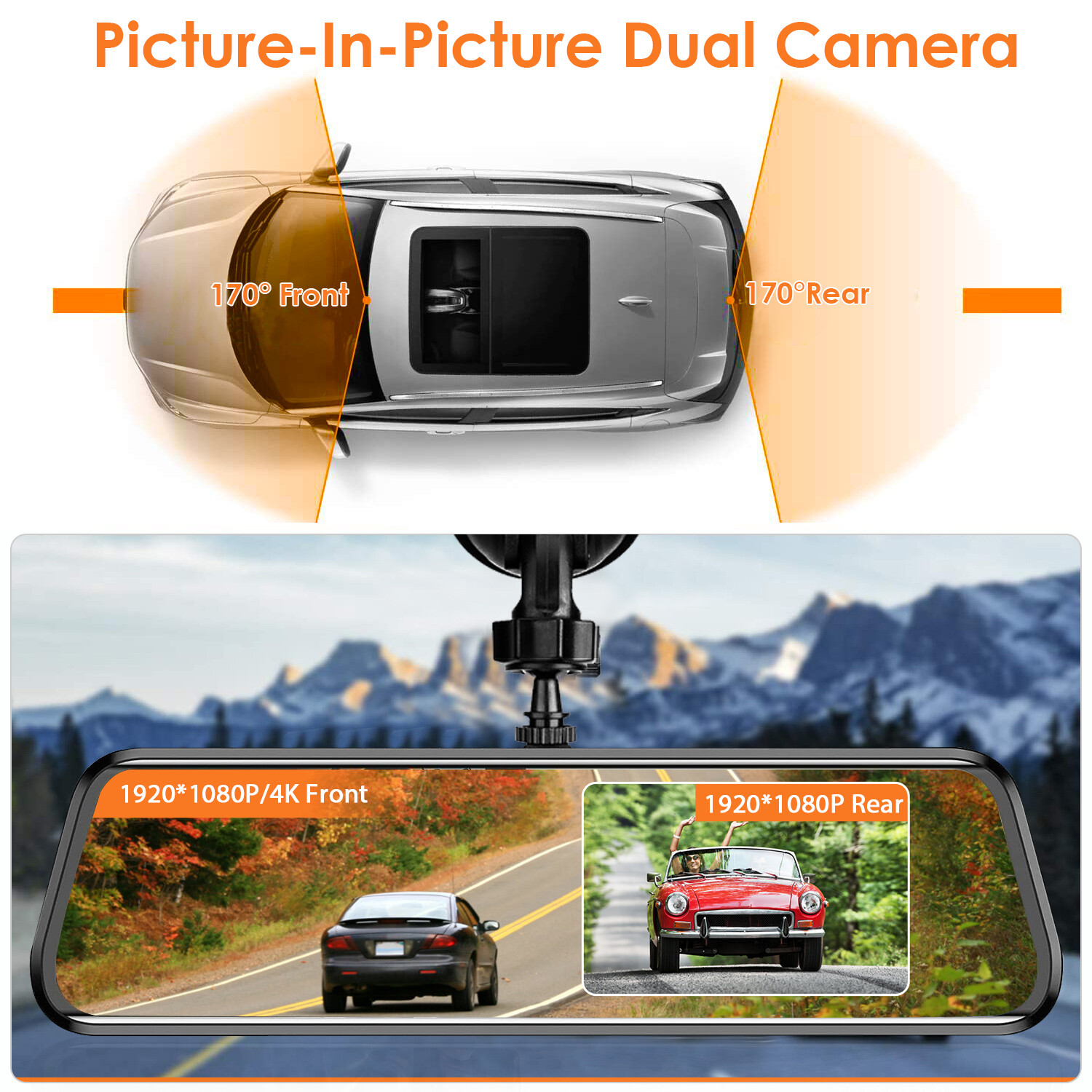 4K 12″ GPS WIFI Dual Lens Car Dash Cam Camera DVR Recorder G-sensor 360° Angel