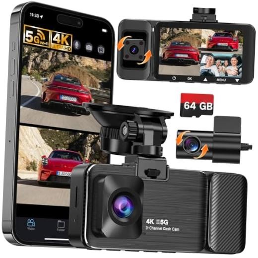 4K UHD 3 Channel Dash Cam Front and Rear Inside, Free 64GB Card Matte Black