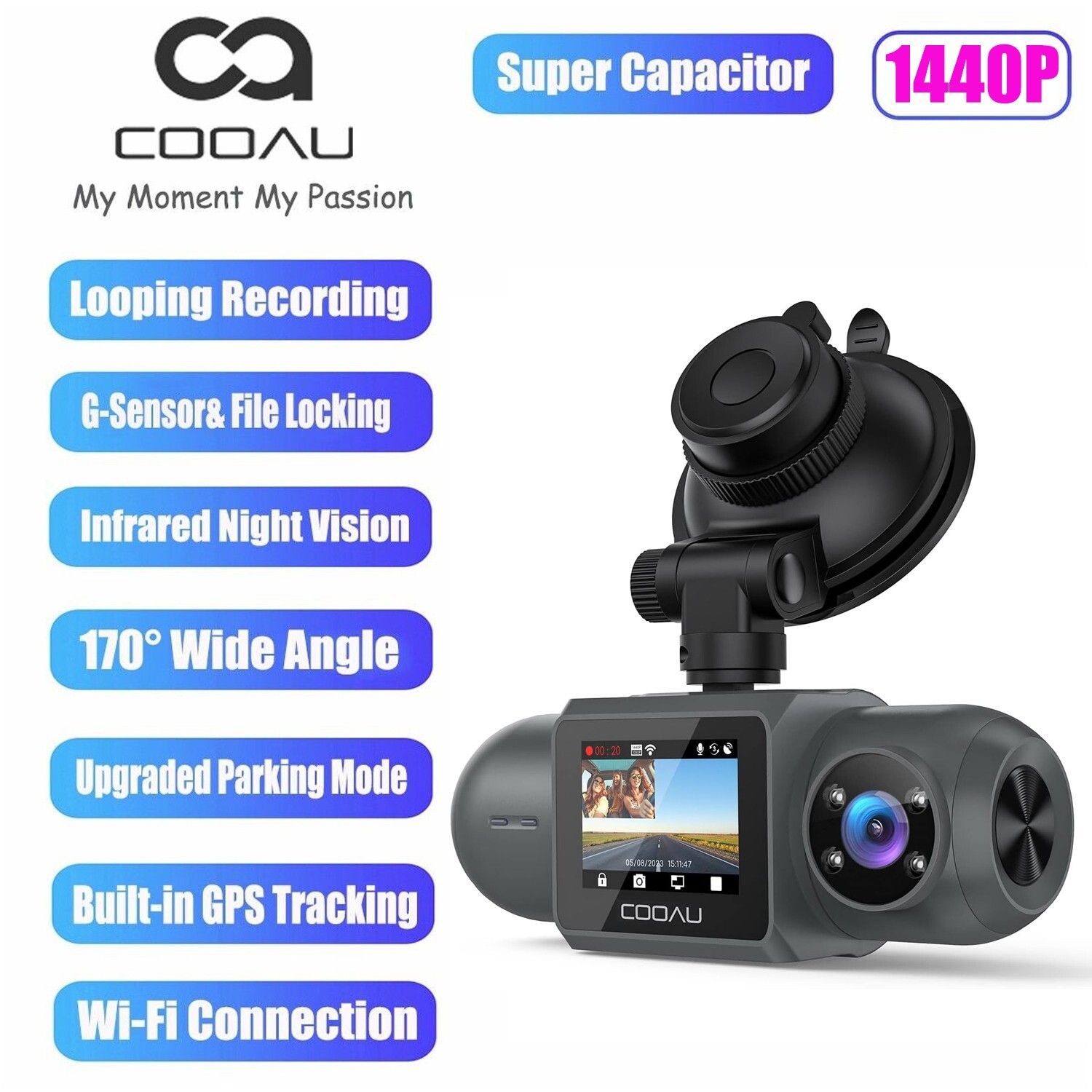 COOAU 1440P FHD Built-in GPS Wi-Fi Dash Cam Front and Inside Car Camera Recorder