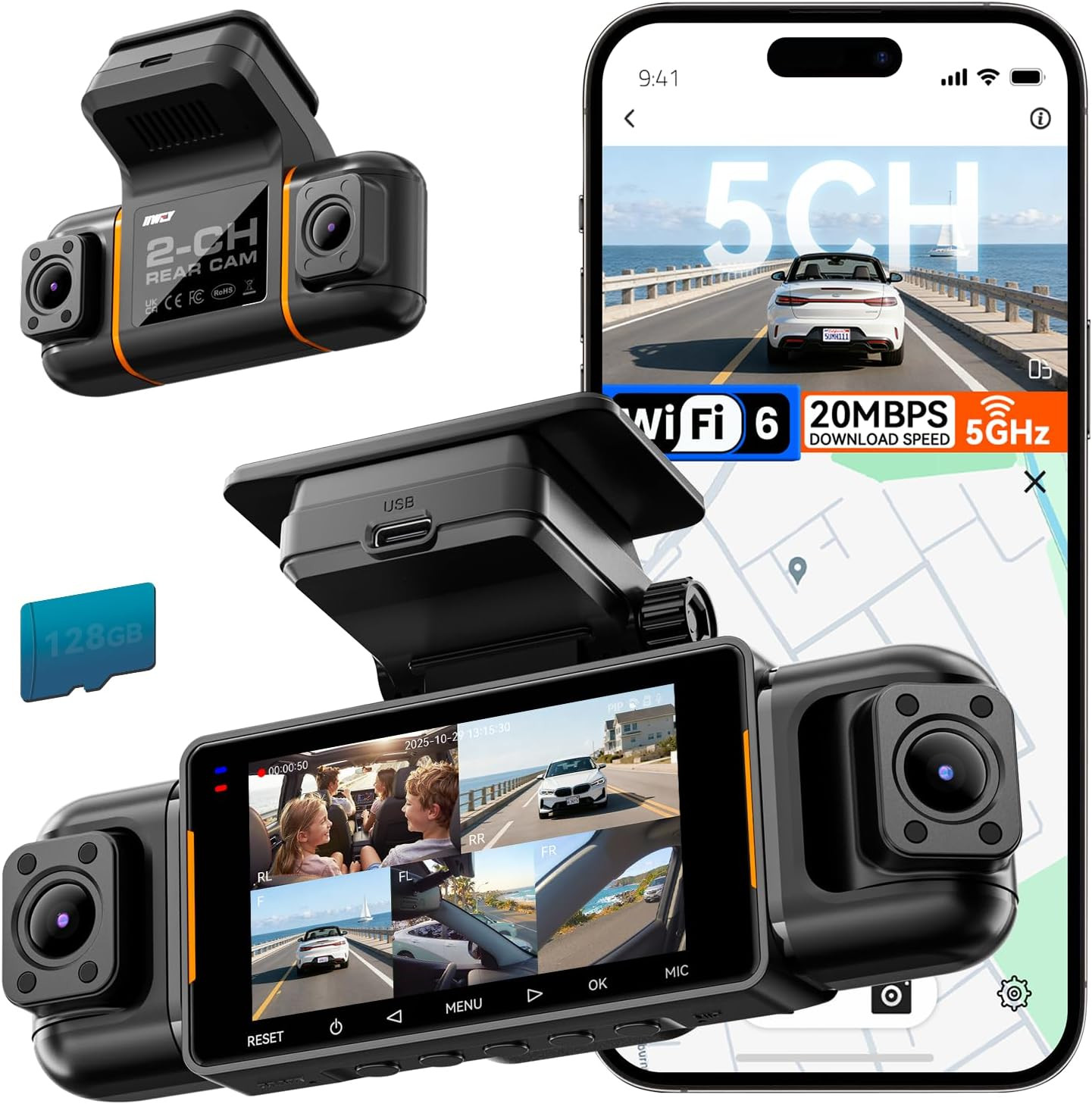 N9 5 Channel Dash Cam 360° View, 5.8G Wifi-6 with App, Free 128GB Card, FHD Fron