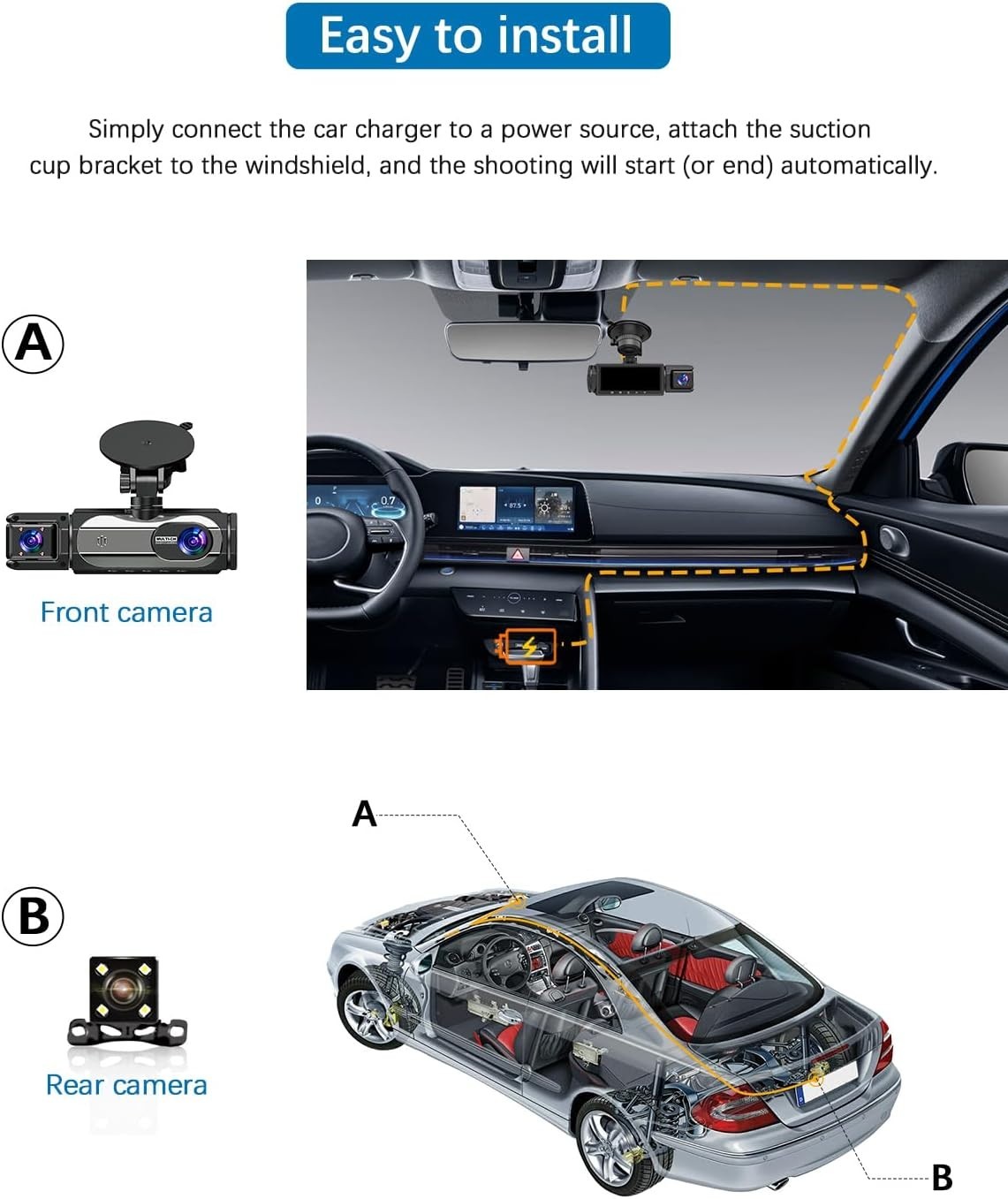 1080P Dash Camera Front, Rear & Inside – 24HR Parking Monitor & Loop Recording