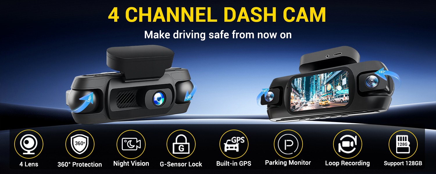 4CH 4K Dash Cam with GPS Front Rear Left Right Parking Monitor WiFi Dash Cameras