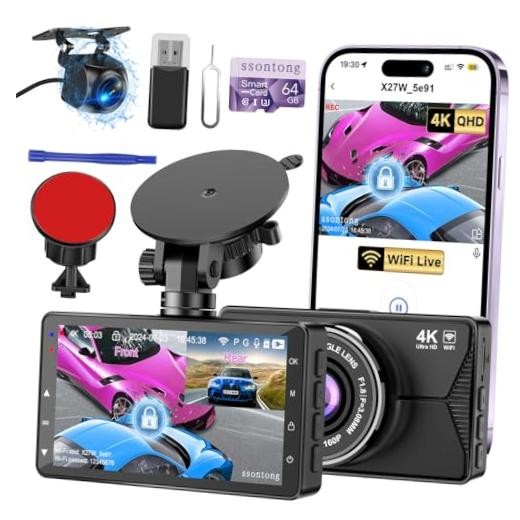Dash Cam Front and Rear, Dash Cam 4K 64GB-A18W WiFi Dash Cam Front and Rear
