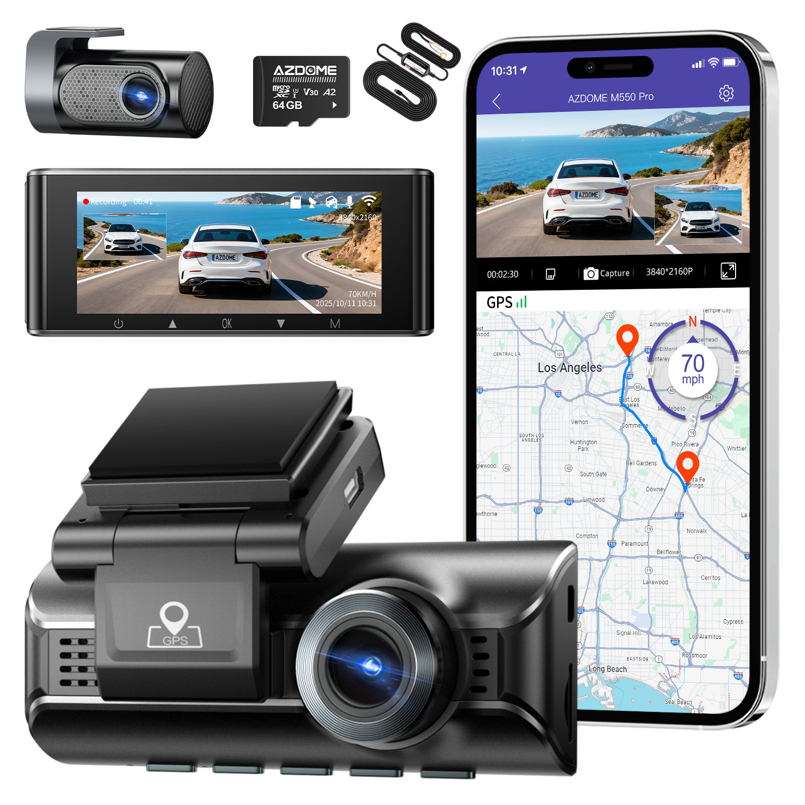 AZDOME 2CH 4K+2.5K Dash Cam Front Rear 5GWiFi GPS ADAS Night Vision+Hardwire-Kit