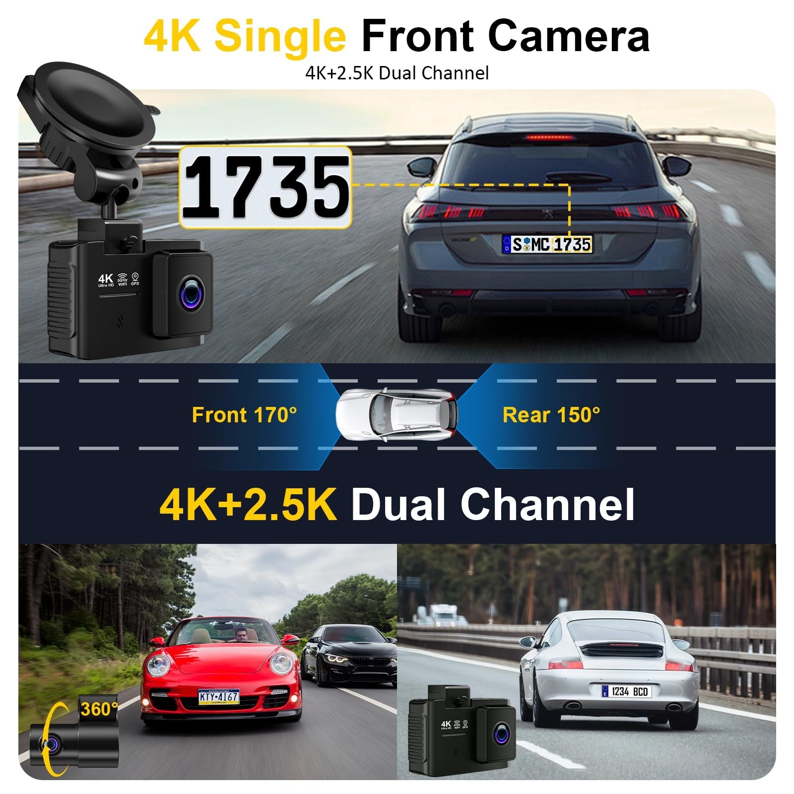 4K Dual Channel Dash Cam Front & Rear, WiFi GPS, 64GB Card, Night Vision, Loop R