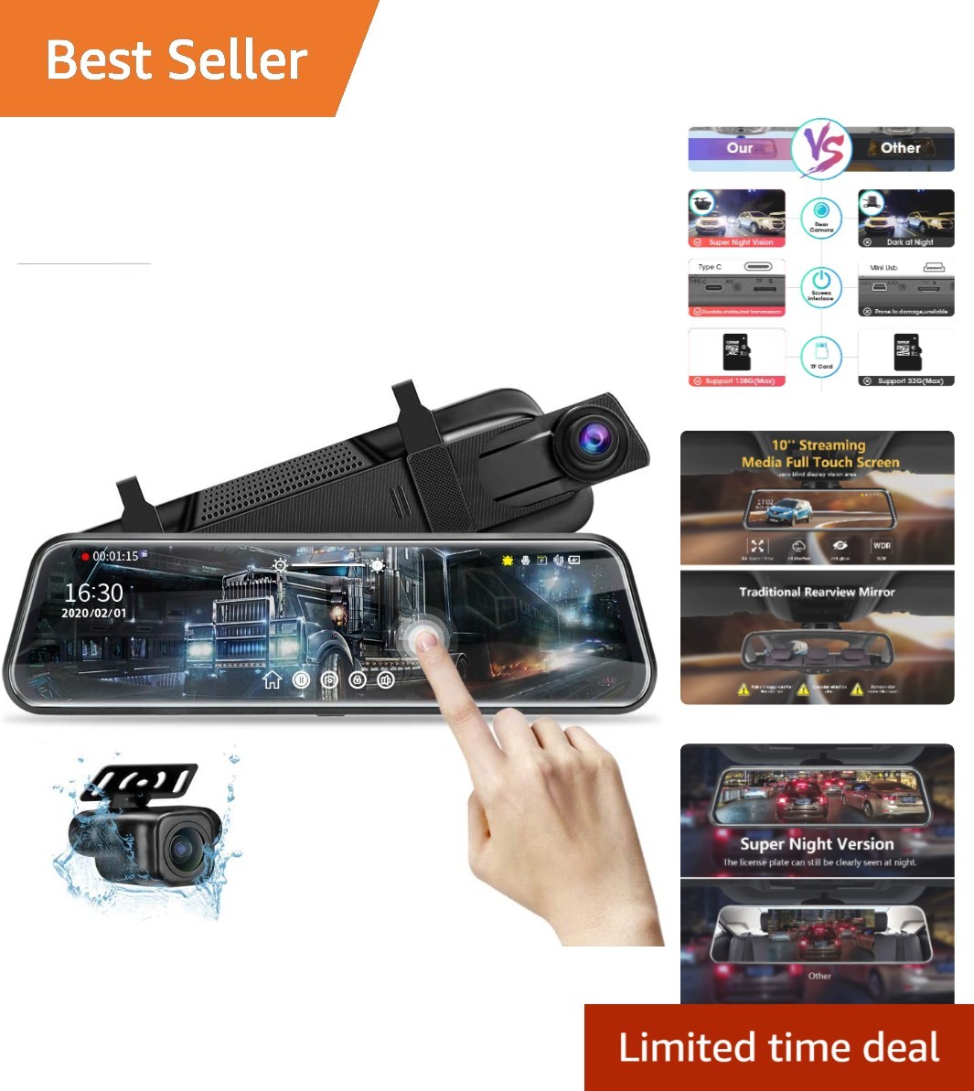 Dual 1080P Night Vision Dash Cam with 6M Cable & Crash Sensor for All Vehicles