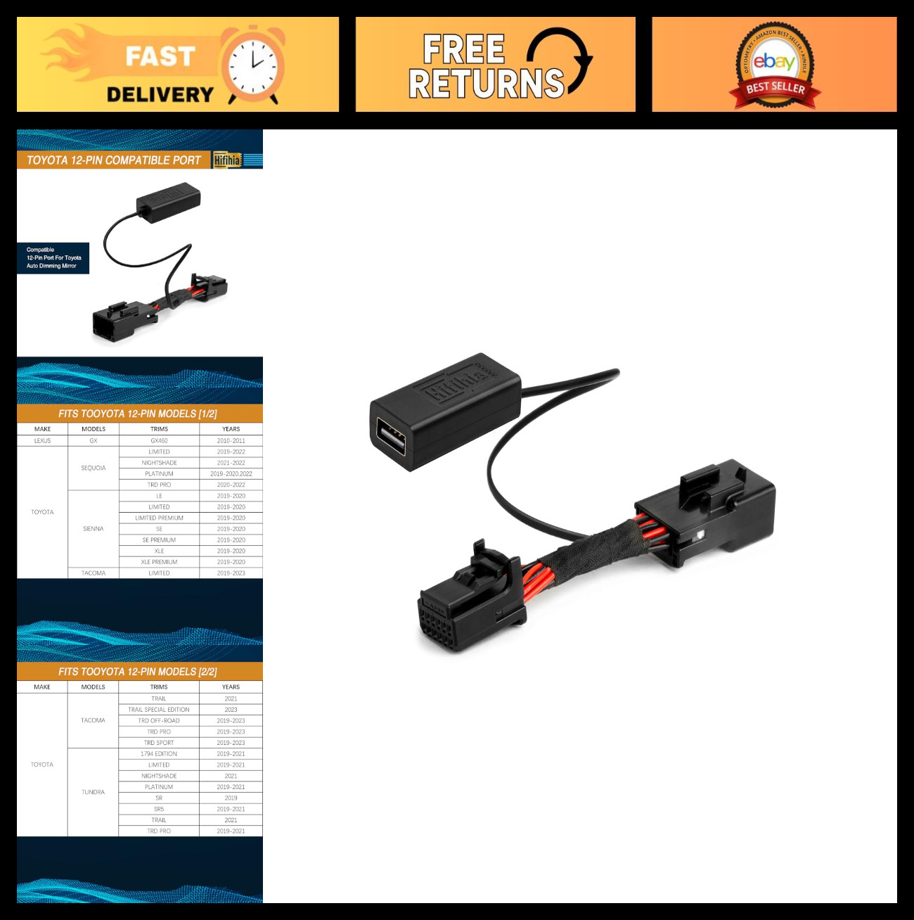 12-Pin Dash Cam Power Adapter for Toyota Tacoma, Highlander, Tundra, Sienna, Hon