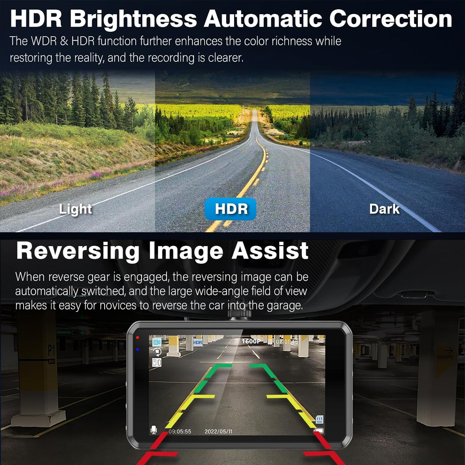 S7 2.5K Dash Cam Front and Rear,64G SD Card,1600P+1080P FHD Dual Dash Camera for