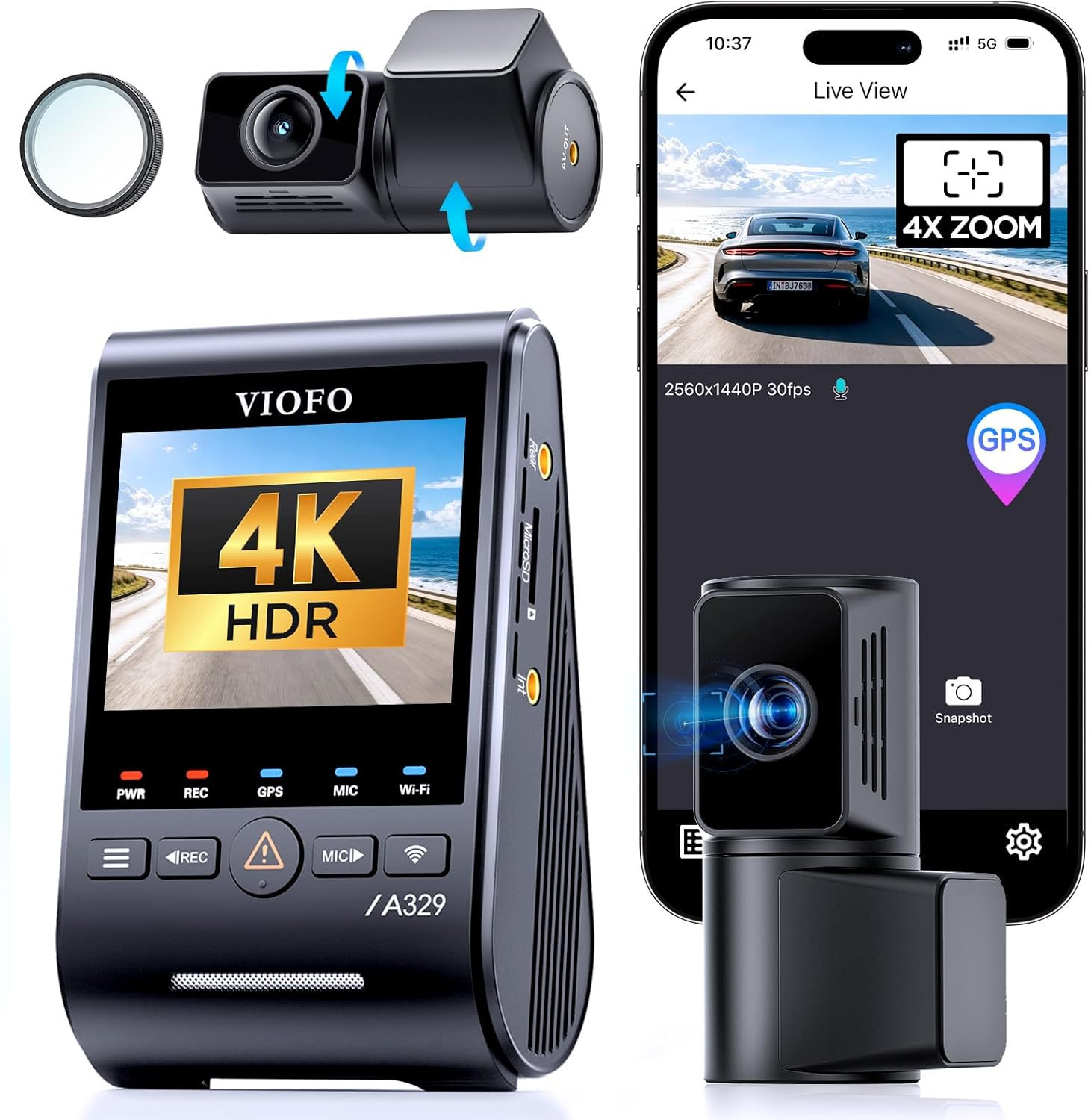 A329T 4K 3 Channel Dash Cam, 4K Front + 2K Telephoto + 2K Rear, Power Saving Par