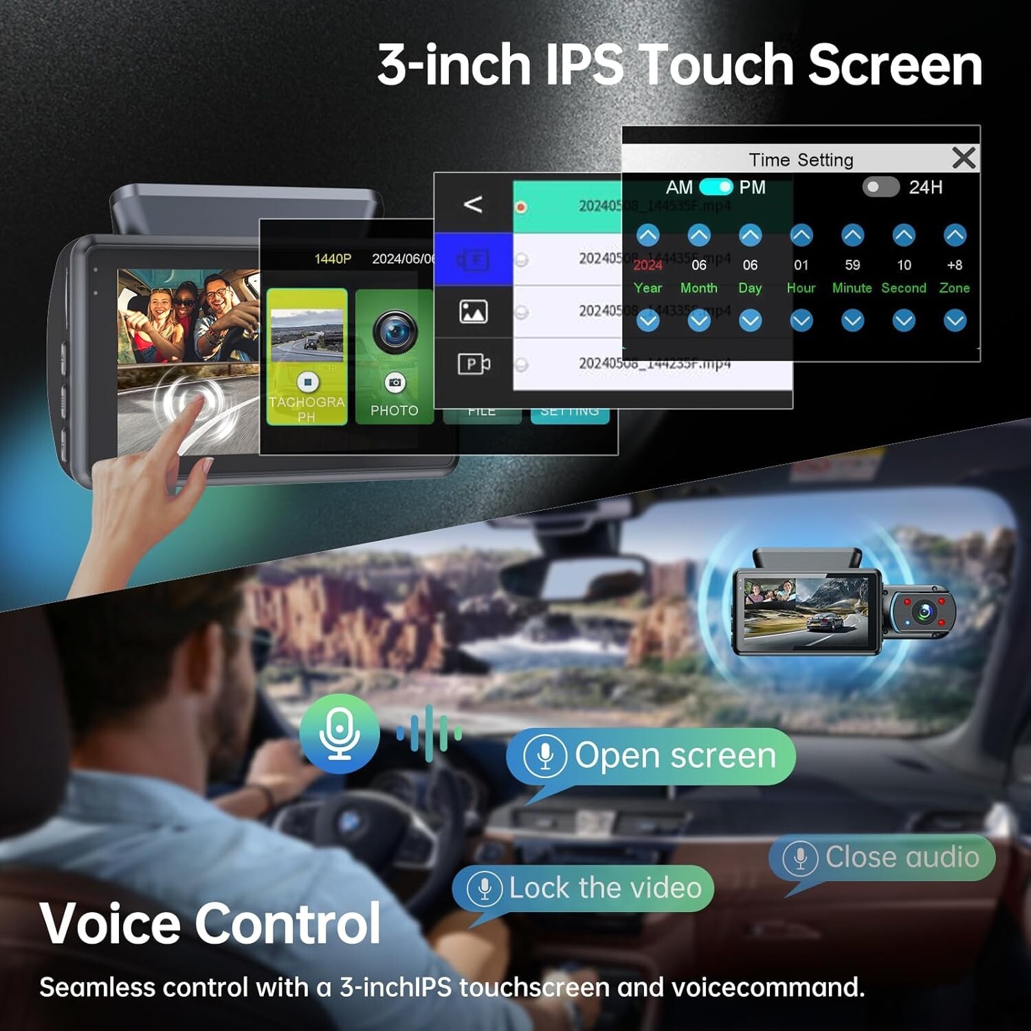 3 Channel WiFi Dash Cam, 2K+1080P+1080P Dash Camera for Cars, 4K+1080P Front and