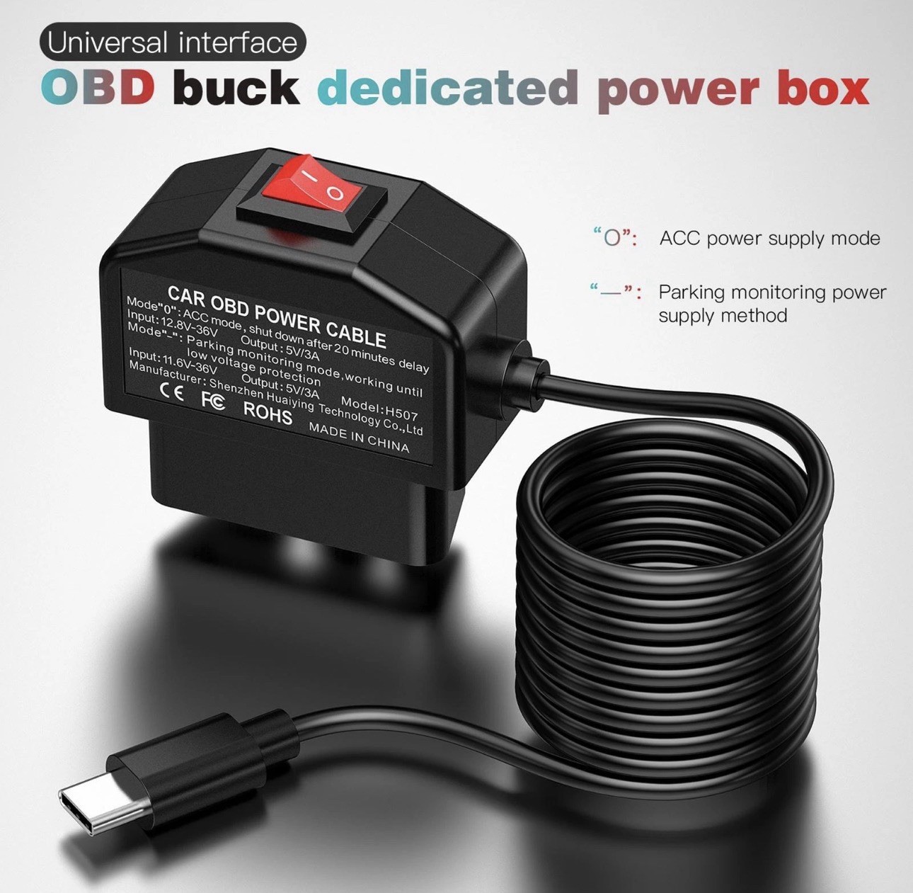Dash Cam OBD Hardwire Kit with On/Off Switch, Type-C Power Cable, 5V/3A