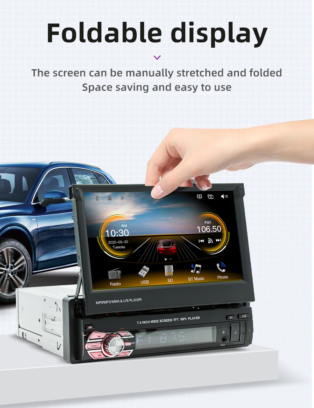 Single Din 7” Flip Out Head Unit Car Stereo Android Apple CarPlay Radio Camera